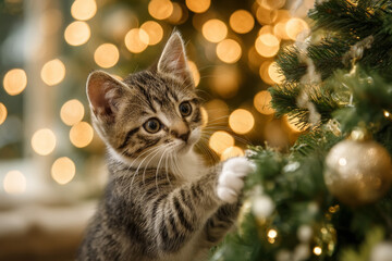 Curious kitten pawing Christmas ornaments in cozy living room, festive bokeh lights and warm holiday glow
Generative AI