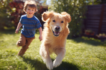 Golden retriever running with child in sunny backyard, motion blur adds energy, joyful expressions capture summer fun and family bond
Generative AI