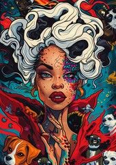 A woman with striking blue eyes and colorful tattoos stands out in a vibrant, multicolored background, surrounded by a lively scene of a running dog and playful cat.