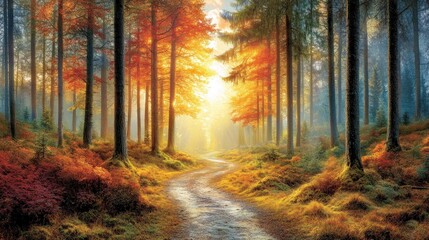 Obraz premium Autumn forest path bathed in golden sunlight