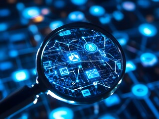 A magnifying glass reveals a blue glowing digital network of icons