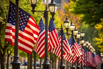american flags on lamp posts in a street