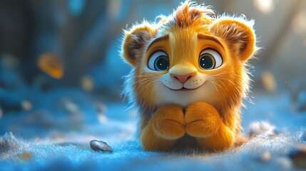 Fototapeta premium Cute cartoon lion cub expressing joy in a magical forest backdrop 