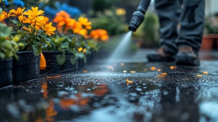 Gardener watering flowers with hose on wet pavement  