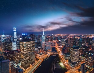 Obraz premium aerial view of megapolis at night drone view skyscrapers urban architecture cityscape at nighttime downtown view of big city