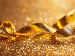 A close-up of shimmering golden ribbon and sparkles, perfect for festive decorations and celebrations.