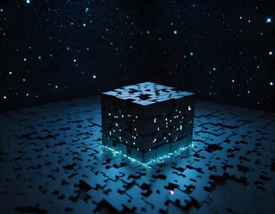 Glowing Puzzle Cube in Dark Space