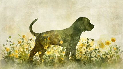   Watercolor portrayal of a canine amidst golden sunflowers & white daisies, set against a hazy backdrop