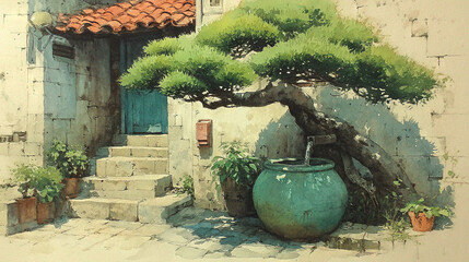   Watercolor Bonsai Tree Painting with Building and Steps
