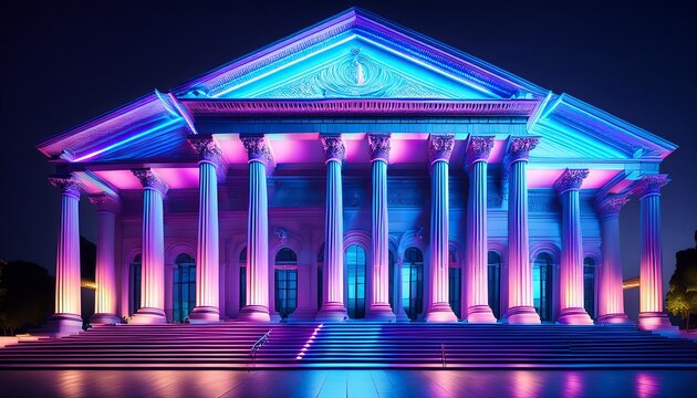 a futuristic courthouse with a glowing holographic facade abstract shapes representing law and order vivid neon blues and purples photorealistic detail closes up