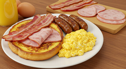 French toast with bacon, ham, sausage, and scrambled egg, with ingredients on the side