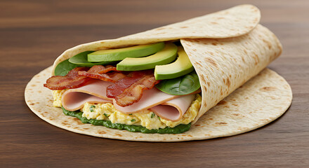 tortilla Wrap filled with turkey, crispy bacon, spinach, avocado, and tomato  omelet, with ingredients on the sides