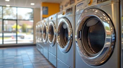 Washing machines lined up in a bright laundromat interior  