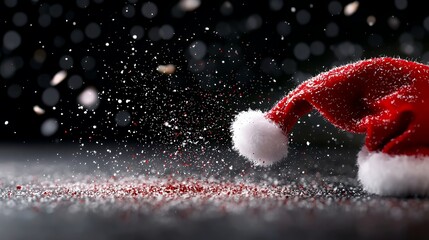 Santa Hat and Red Glitter Sparkles on Black Background