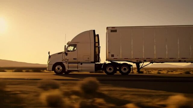 A semi truck driving on a highway in a desert landscape at sunset with golden light shining through