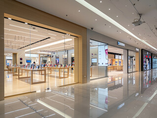 Modern retail space showcasing electronic devices, sleek design, and bright lighting