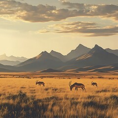 Grazing antelopes in open grassland mountain view high resolution picture