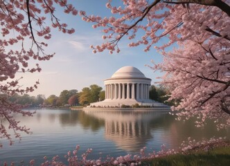 Jefferson Memorial surrounded by cherry trees in full bloom, history, image