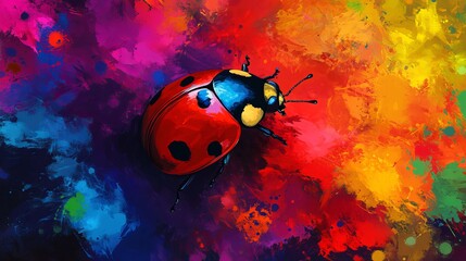 Naklejka premium Vibrant colorful ladybug painting abstract art design image red blue bold black green macro style