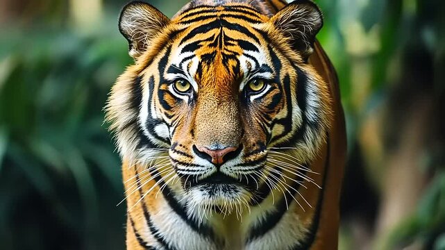 Intense gaze of a sumatran tiger, a close up video showcasing wildlife beauty