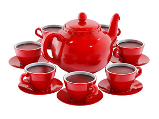 Red porcelain teapot and tea cups on transparent background