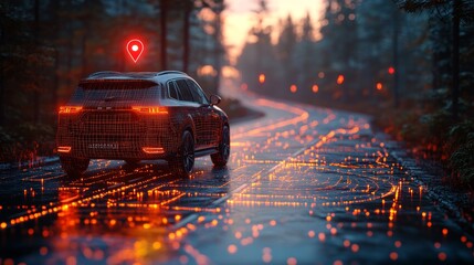 Futuristic car navigating on illuminated road in forest at dusk  