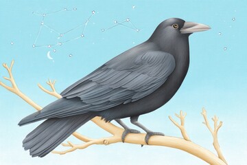 Fototapeta premium A Raven Sits Gracefully on a Branch, Silhouetted Against a Vibrant Blue Sky. The Deep Azure Backdrop is Adorned With a Breathtaking Display of Celestial Constellations, Twinkling Brightly
