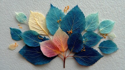   Blue and pink flower on white surface with green and yellow leaves
