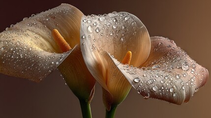   A photo of two flowers with water droplets on their petals against a brown backdrop is the subject matter