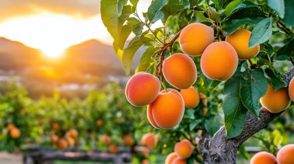 Ripe apricots on branches in a fruit orchard at sunset.