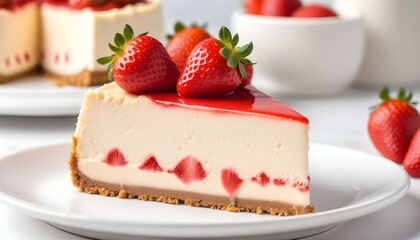A beautiful slice of strawberry cheesecake, a classic dessert, is ready to enjoy at a party.
