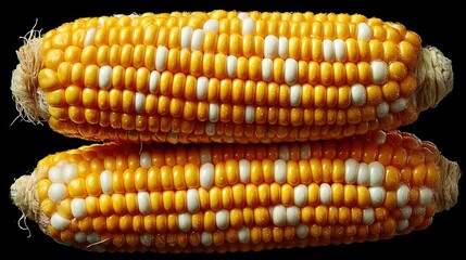   A close-up of two white corn on the cob on a black background