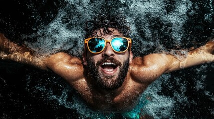 A dynamic underwater shot of a joyful swimmer wearing sunglasses, capturing the excitement and freedom of summer fun in a pool or ocean environment.