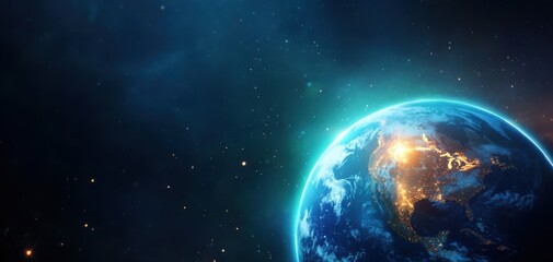 Obraz premium A stunning view of Earth from space, showcasing illuminated continents and a mesmerizing cosmic background.