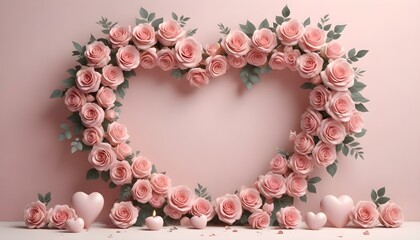 Obraz premium A heart-shaped wreath of pink roses, a romantic and elegant floral design.