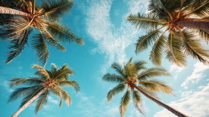 A picturesque view of towering palm trees reaches skyward beneath a brilliant blue sky. This image evokes feelings of tranquility, relaxation, and tropical paradise living.