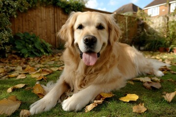 Happy Golden Retriever dog relaxes in backyard lawn with leaves, enjoying sunny day