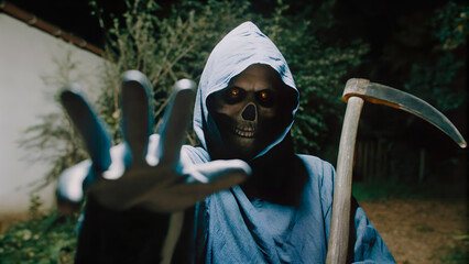 Grim Reaper Reaching Toward the Camera Over Dark Background with Dramatic Copy Space for Halloween...