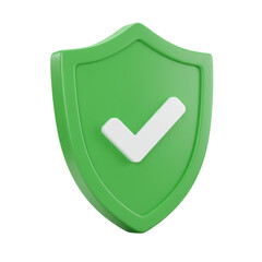 Safe 3D green shield with white checkmark icon isolated on transparent backgorund, . 3D flat, PNG 