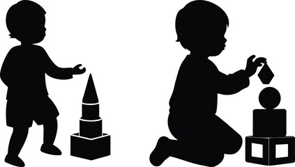 Black silhouette toddlers playing with building blocks, two scenes of children stacking toys black and white illustration