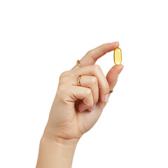 Female Hand Holding A OMEGA-3 Capsule isolated on transparent background, Omega-3 Pill ,