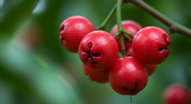 Cluster Of Vibrant Red Wax Apples Hanging From A Branch In Lush Greenery