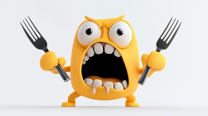 Hungry character yelling, holding forks in hands, with a white background