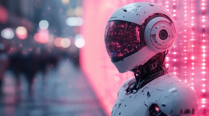 Futuristic robot with neon background, city lights
