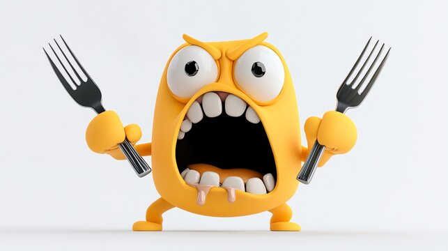 Hungry character yelling, holding forks in hands, with a white background