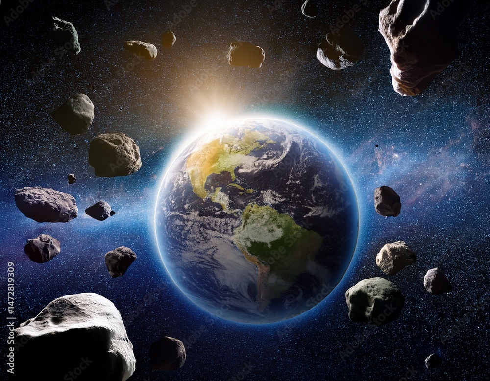 Canvas Prints view of earth surrounded by asteroids in space with sunlight illuminating the scene