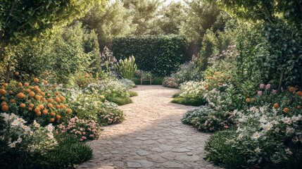 Serene garden path lined with vibrant flowers