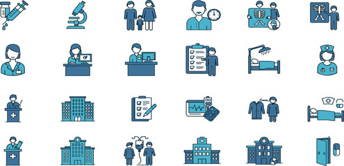 Hospital icon set. Collection of vaccination, doctor, laboratory and more. Vector illustration.