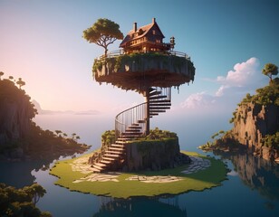 Fototapeta premium Floating Island House with Spiral Staircase