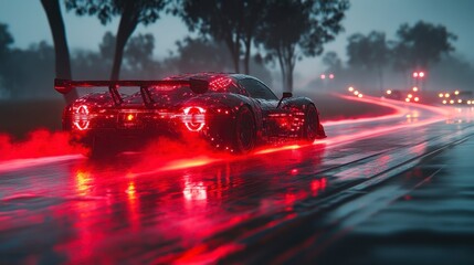 Red light trails behind a speeding car on a wet road surrounded by trees